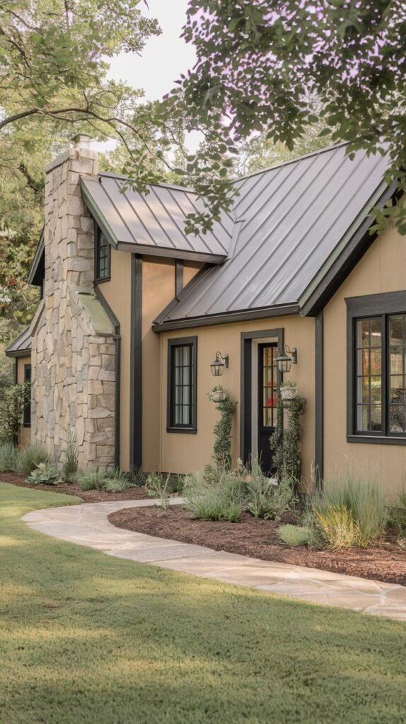 House with a warm, dark tan exterior and a large, textured stone chimney.