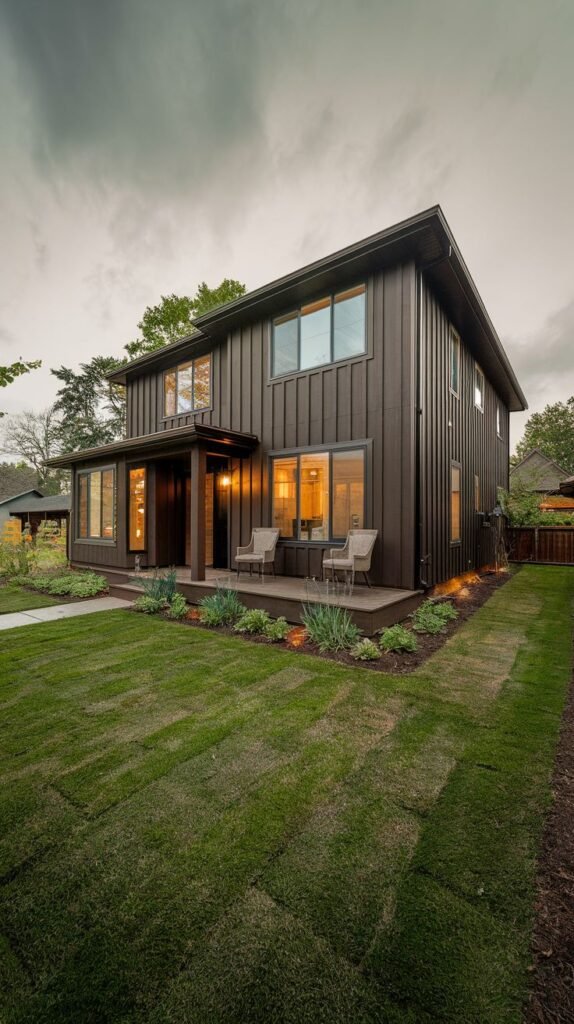 Two-story dark brown industrial-style house with vertical metal siding and a covered porch.