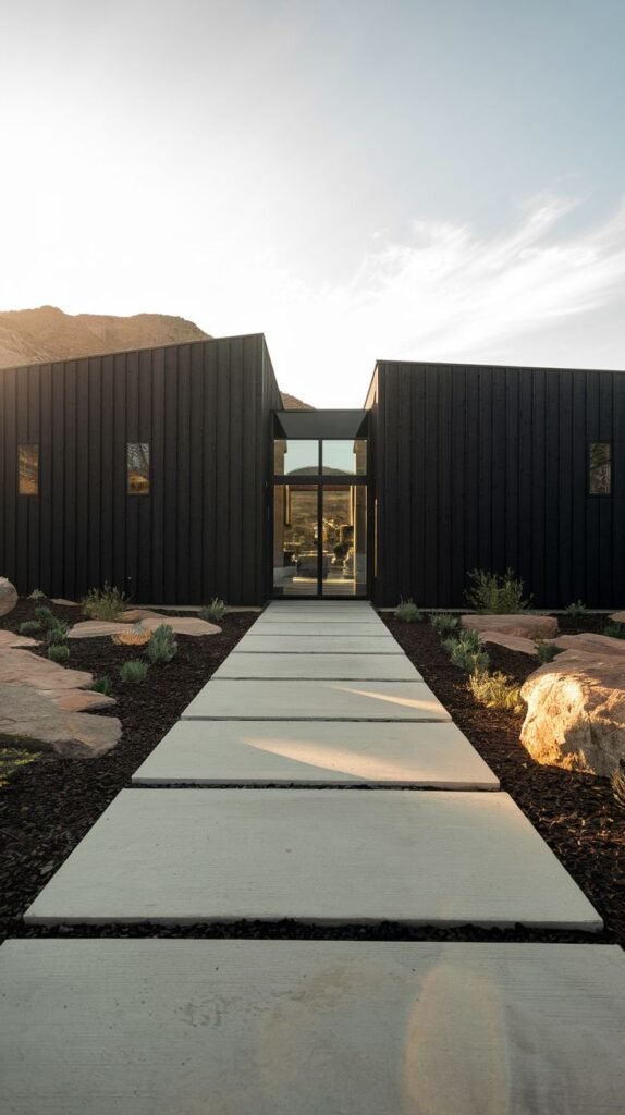 Contemporary black modern house with two sections connected by a central glass entrance in a rocky landscape.
