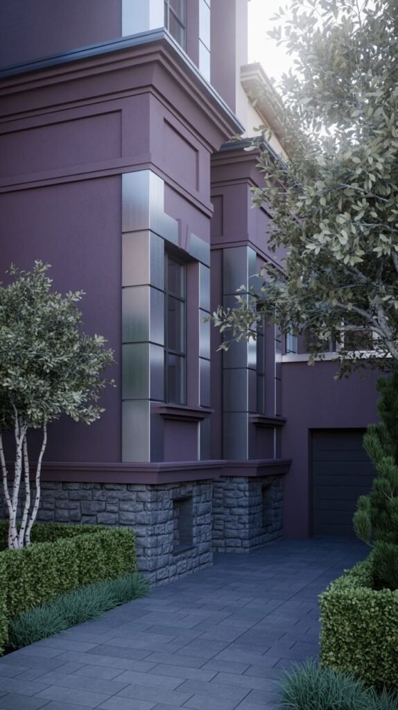 Building painted rich, dark purple with a stone base and metal window accents.