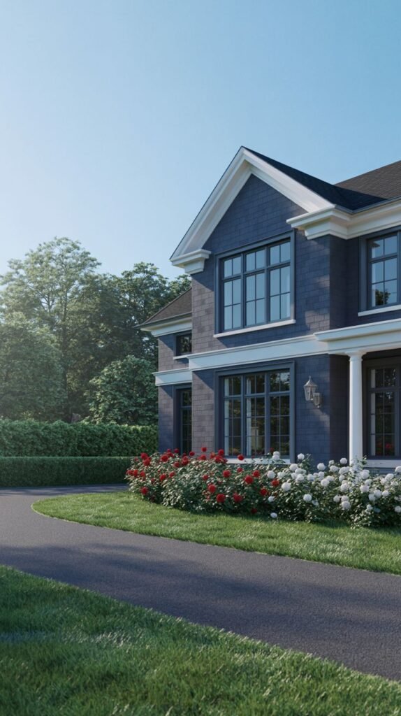 Classic blue or blue-grey house with white trim, columns, and a bed of roses.