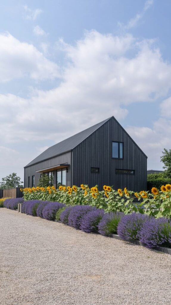 Modern barn-style house with dark grey/black vertical siding, situated behind lavender and sunflowers.