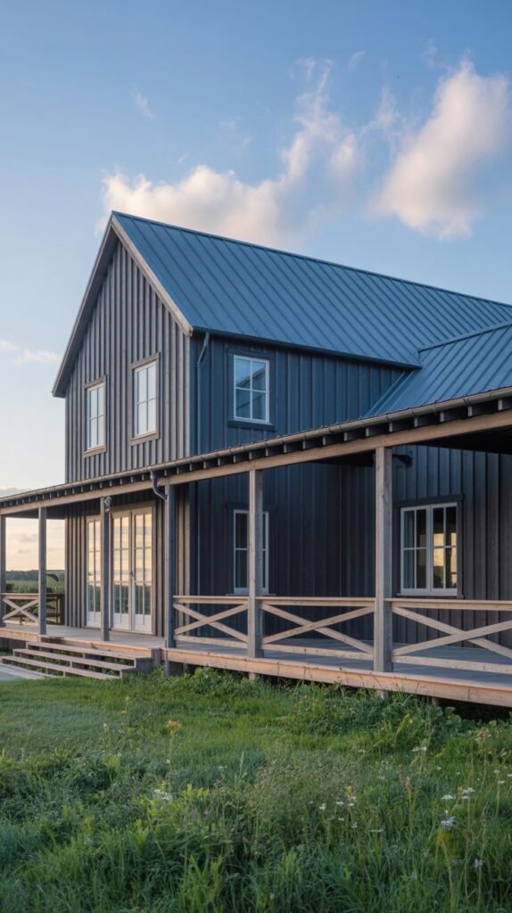 Dark blue farmhouse with vertical siding and a large wrap-around porch with distinctive railing.