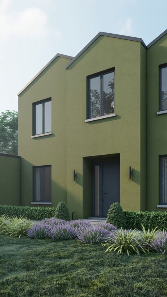 Contemporary house painted olive green with dark-framed windows and landscaped entrance.