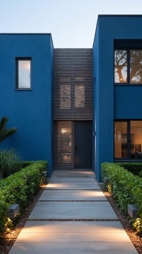 Bold dark blue modern building entrance with vertical wooden slats and concrete stepping stone pathway.