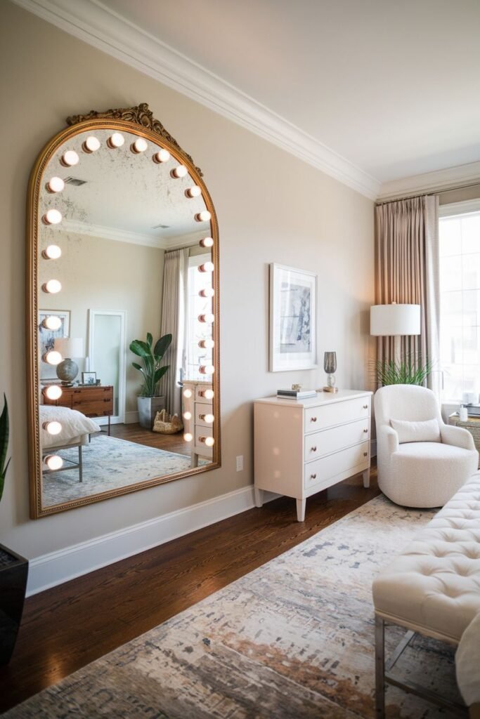 A large, ornate gold-framed arched mirror with exposed globe lights around the frame, leaning against a wall in a room with a bench, dresser, armchair, and window with curtains.