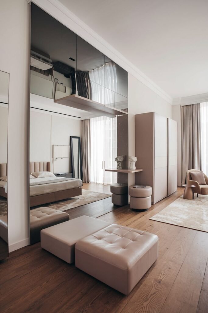 A large rectangular mirror with a thin frame, leaning against a wall in a bedroom, reflecting the bed and other furnishings, with two small ottomans in the foreground.
