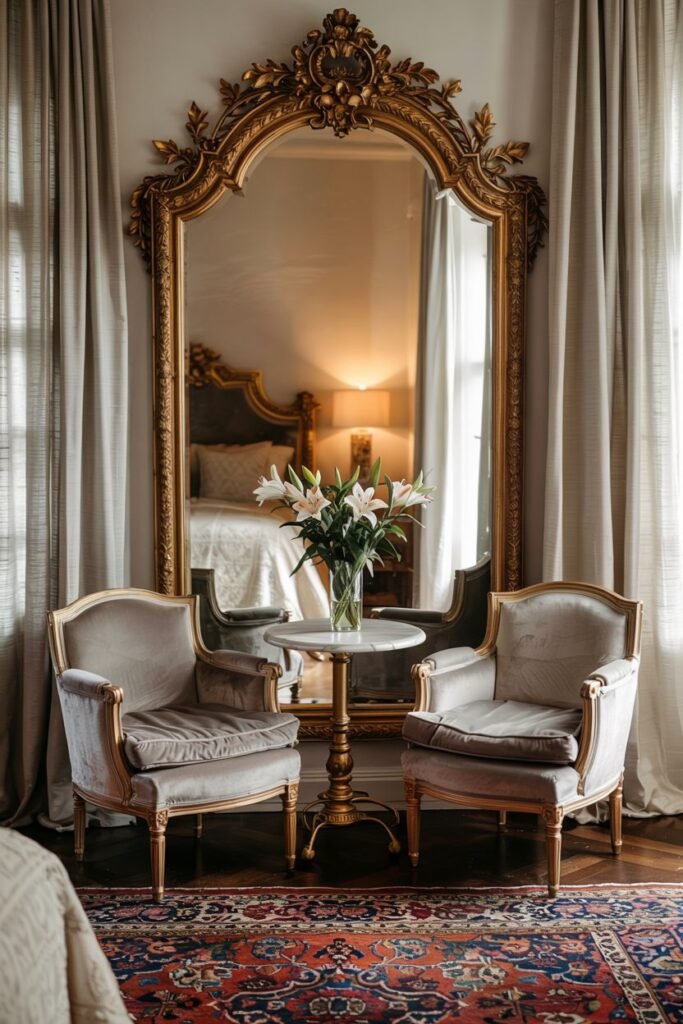 A large, highly ornate arched mirror with a gold frame, reflecting a bed, placed behind two armchairs and a small table with flowers, on a colorful patterned rug.