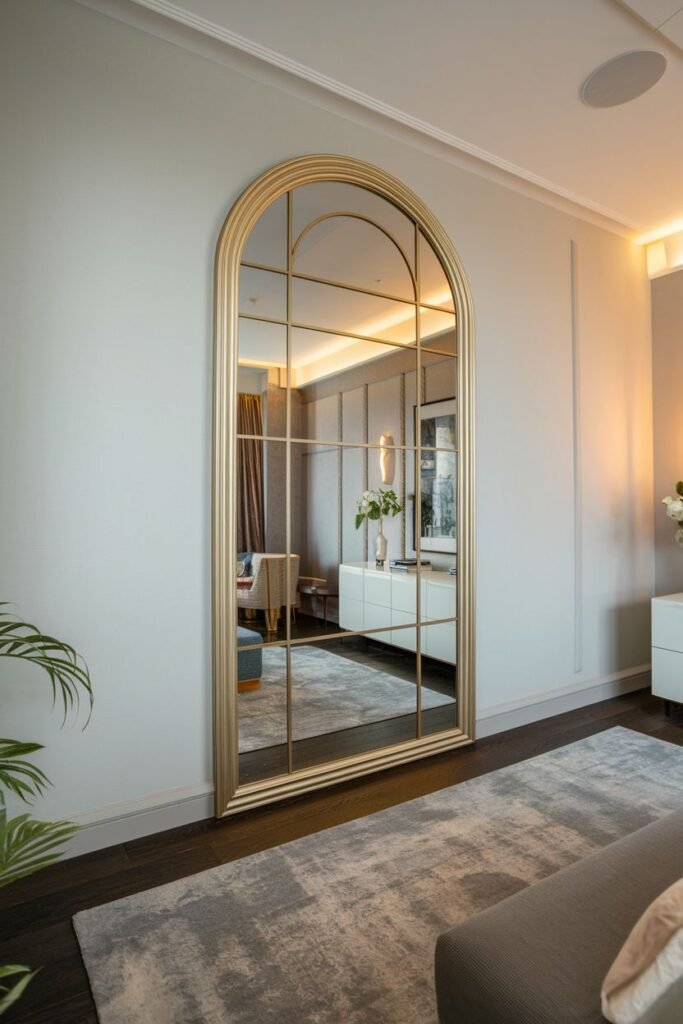 A large arched mirror with a gold frame and grid pattern, leaning against a wall in a room with a grey rug, bench, and a dresser visible in the reflection.