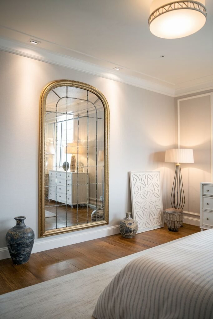 A large arched mirror with a gold frame and distressed grid glass, leaning against a wall in a bedroom next to decorative vases and a lamp.