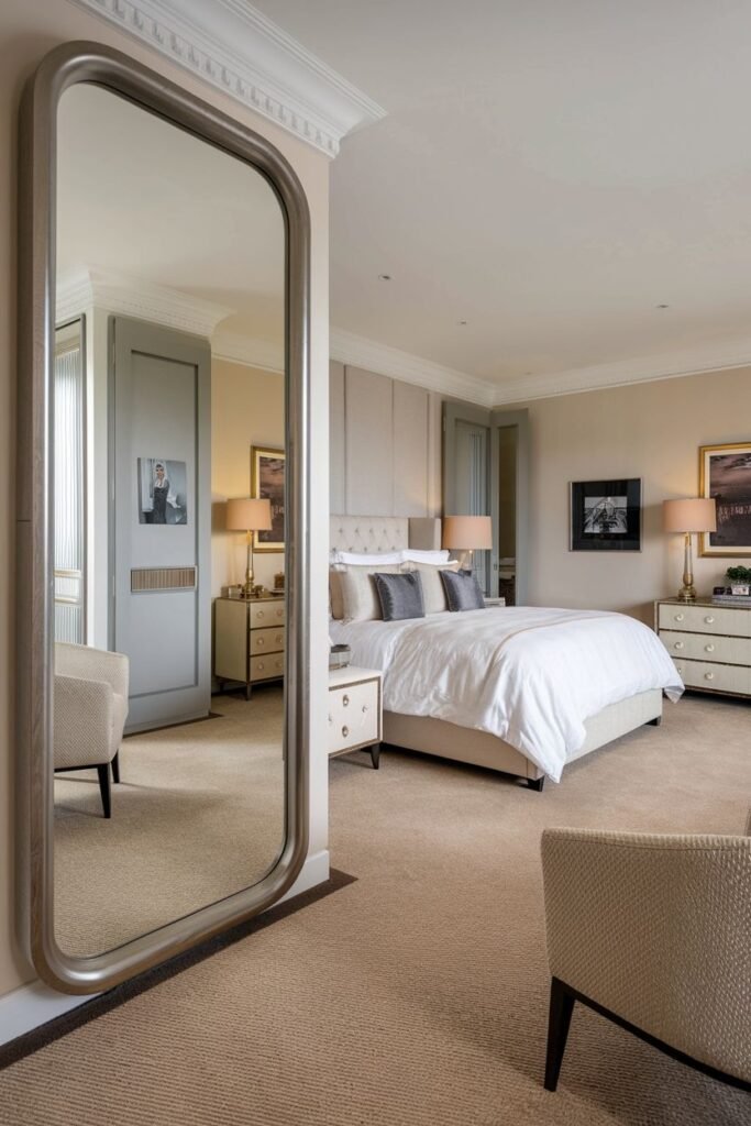 A large rectangular mirror with rounded corners and a silver frame, leaning against a wall in a bedroom, reflecting the bed and nightstands.