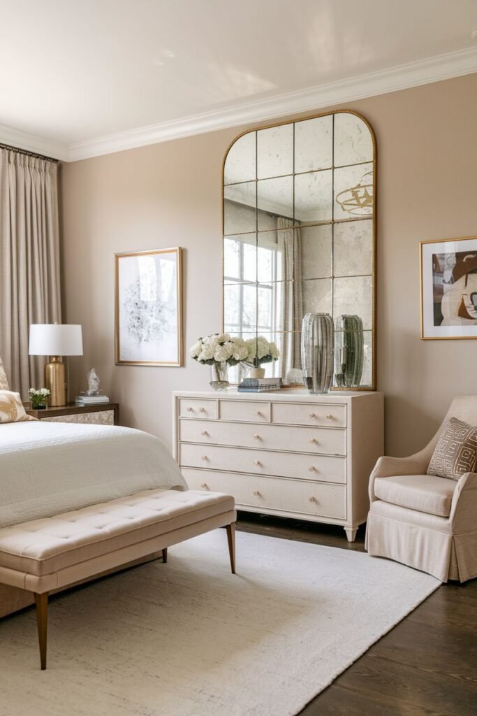 A large arched mirror with an ornate distressed frame and grid pattern, placed above a long white dresser in a bedroom with a bench and armchair.