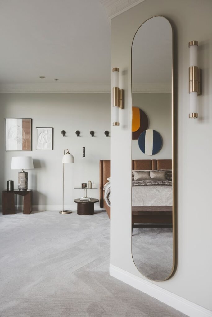 A tall, narrow oval mirror with a thin gold frame, leaning against a wall in a room reflecting a bed and artwork on the wall.