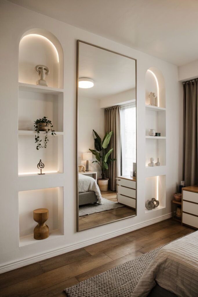A large rectangular mirror with a thin gold frame, mounted on a wall between illuminated arched wall niches displaying decorative items, reflecting a bedroom.