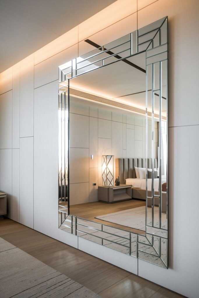 A large square mirror with a geometric mirrored frame, mounted on a textured white wall, reflecting a bedroom interior.