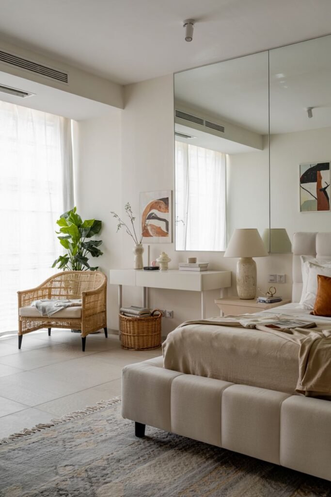 A large rectangular mirror leaning against a wall above a console table, reflecting a bedroom with a large window and a rattan armchair.