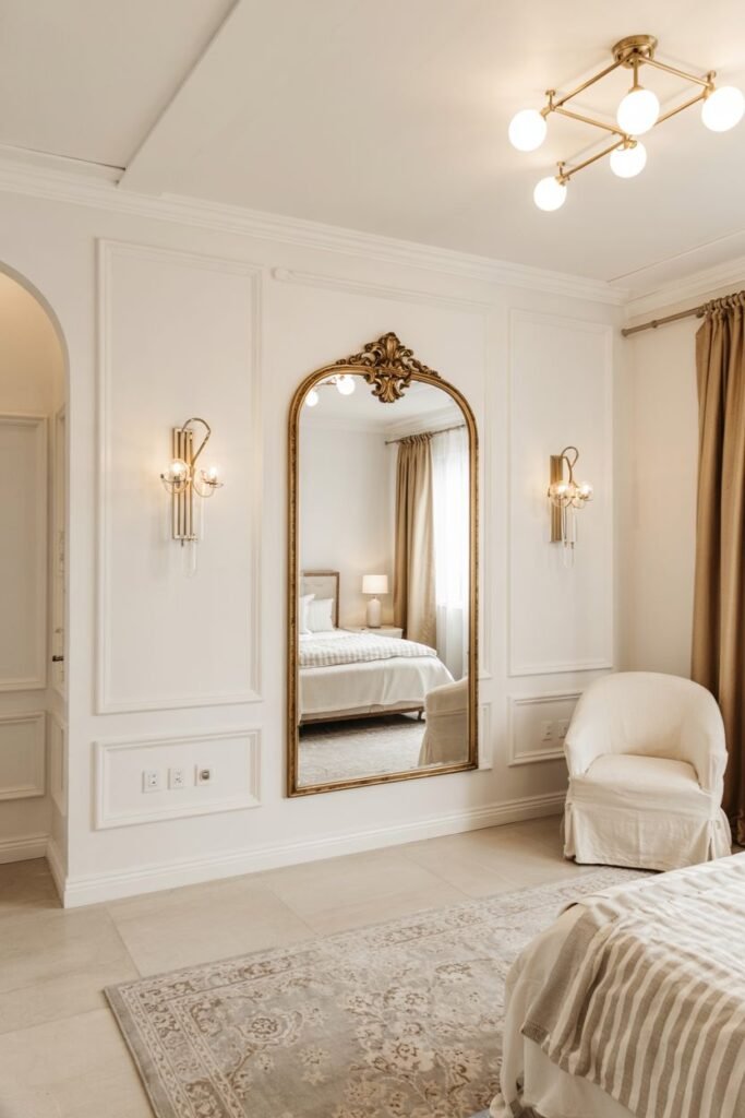 A medium-sized arched mirror with an ornate gold frame, mounted on a wall in a room with architectural molding and wall sconces, reflecting a bed.