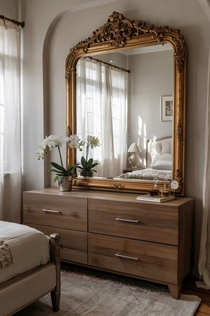 A medium-sized, ornate arched mirror with a gold frame, placed above a wooden dresser in a bedroom with a bed and curtains.