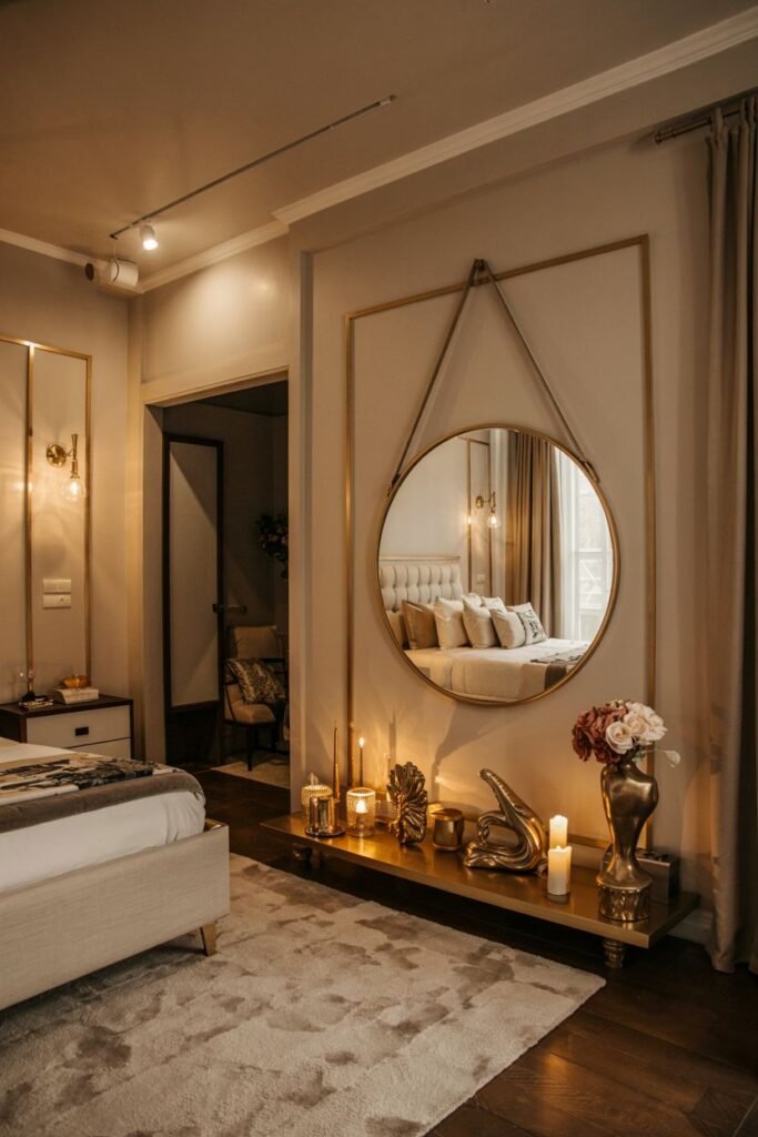 A medium-sized round mirror with a thin gold frame, hanging from a strap on the wall above a long shelf displaying candles and decorative items, reflecting a bed in a bedroom.