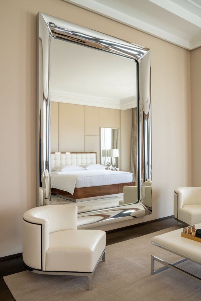 A very large, rectangular mirror with a thick, shiny chrome frame, leaning against a wall in a room with white leather seating, reflecting a bed and bedroom area.
