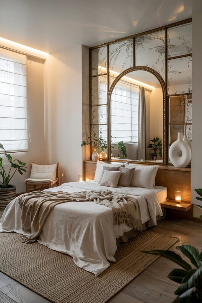 A large arched mirror with a gold frame and distressed glass, placed above a bed with layered bedding and pillows, flanked by shelves and plants.