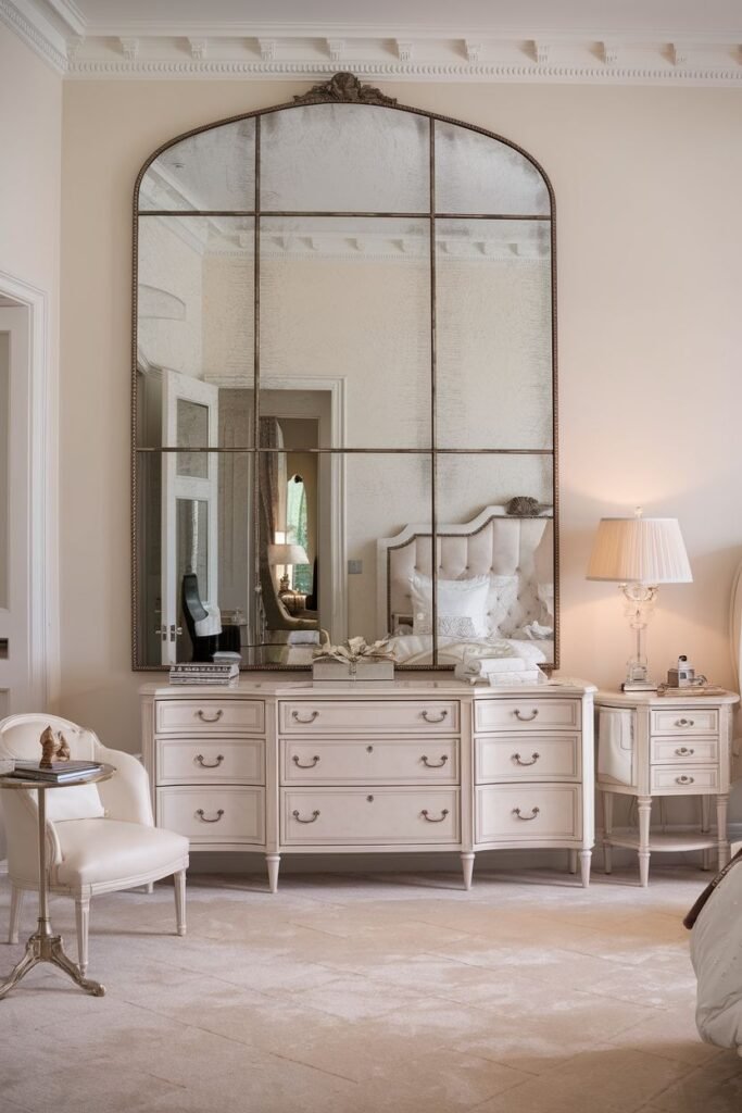 A very large, arched mirror with an ornate distressed frame and grid pattern, placed above a long dresser in a bedroom with a bed, armchair, and nightstand.
