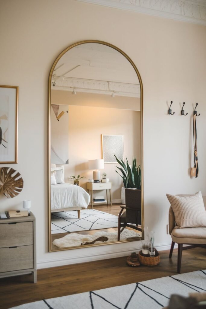 A large arched mirror with a thin gold frame, leaning against a wall in a room with a dresser, plants, armchair, and hooks on the wall.