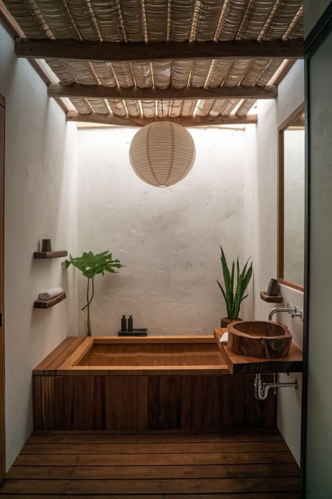 A minimalist bathroom with a large wooden bathtub, a log-shaped wooden sink on a floating shelf, a paper lantern, plants, and slatted wooden flooring.