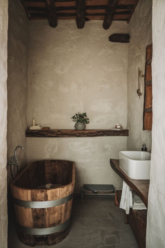 A narrow bathroom with a barrel-shaped wooden bathtub, a white rectangular sink on a wooden slab shelf, rough textured walls, and a concrete floor.