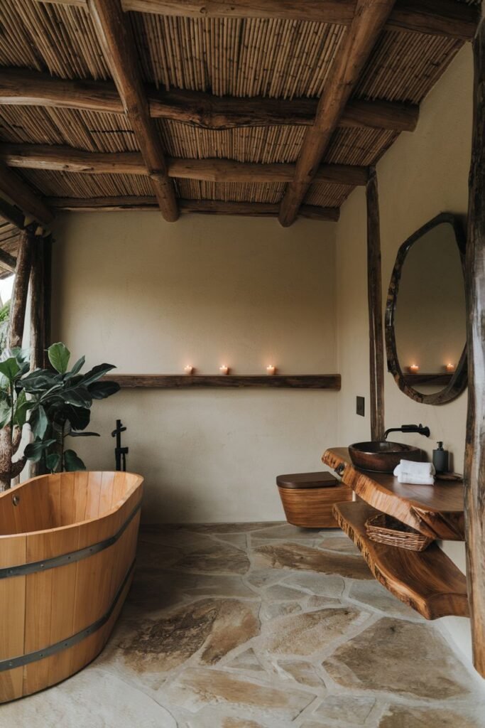 An outdoor or semi-outdoor bathroom with a barrel-shaped wooden bathtub, a live-edge wooden counter with a stone sink, a textured floor of large flagstones, and a thatched roof.