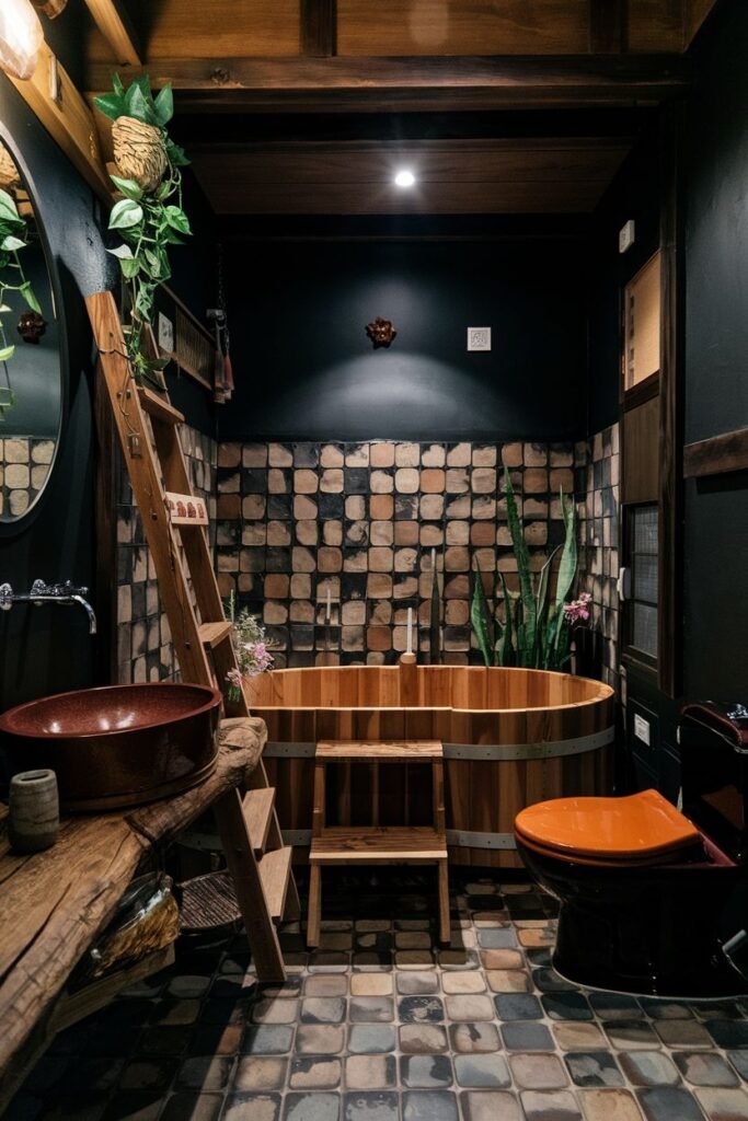A bathroom with a deep wooden bathtub with a small wooden ladder, a brown ceramic sink on a live-edge wooden counter, a black toilet with an orange seat, patterned tile walls, and tiled flooring.