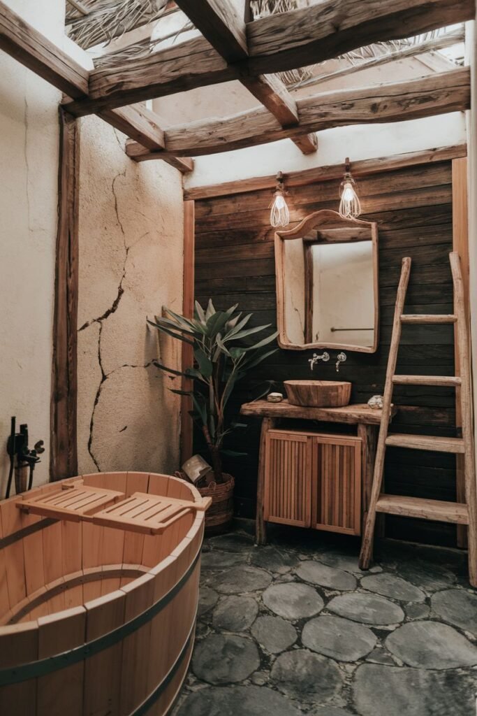 A bathroom with a light wooden bathtub, a wooden vanity with a stone basin sink and slatted doors, a tall wooden ladder, a plant, and a floor made of round stepping stones.