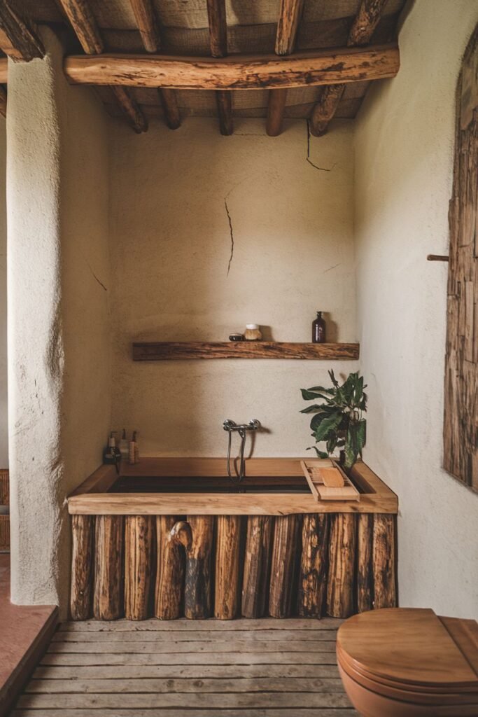 A bathroom with a dark wooden bathtub made of vertical logs, a wooden shelf with toiletries, a toilet with a wooden seat, rough textured walls, and wooden flooring.
