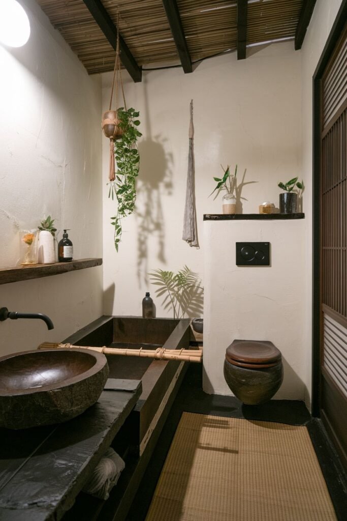 A bathroom with a dark wooden bathtub, a stone basin sink on a dark counter, a modern wall-mounted toilet with a dark seat, a hanging plant, and a floor with a tatami mat.