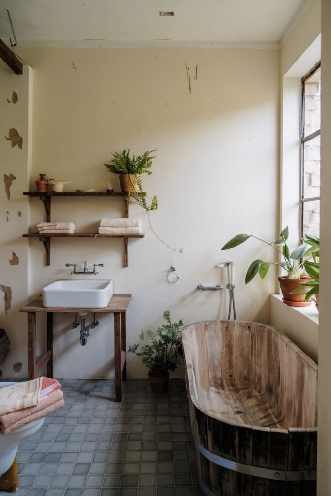 A bathroom with a light wooden barrel-shaped bathtub with metal bands, a white rectangular sink on a simple wooden stand, open shelving with towels and plants, and blue tiled flooring.