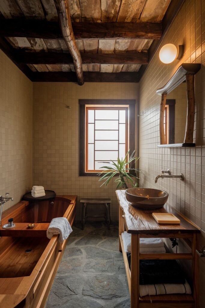 A rustic bathroom featuring a wooden bathtub, a stone-like sink on a wooden vanity, tiled walls, a window with grid panes, and flagstone flooring.