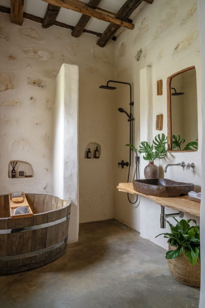A bathroom with a dark wooden barrel-shaped bathtub, a live-edge wooden counter with a dark stone basin sink, a rainfall shower head, and textured walls with built-in shelves.