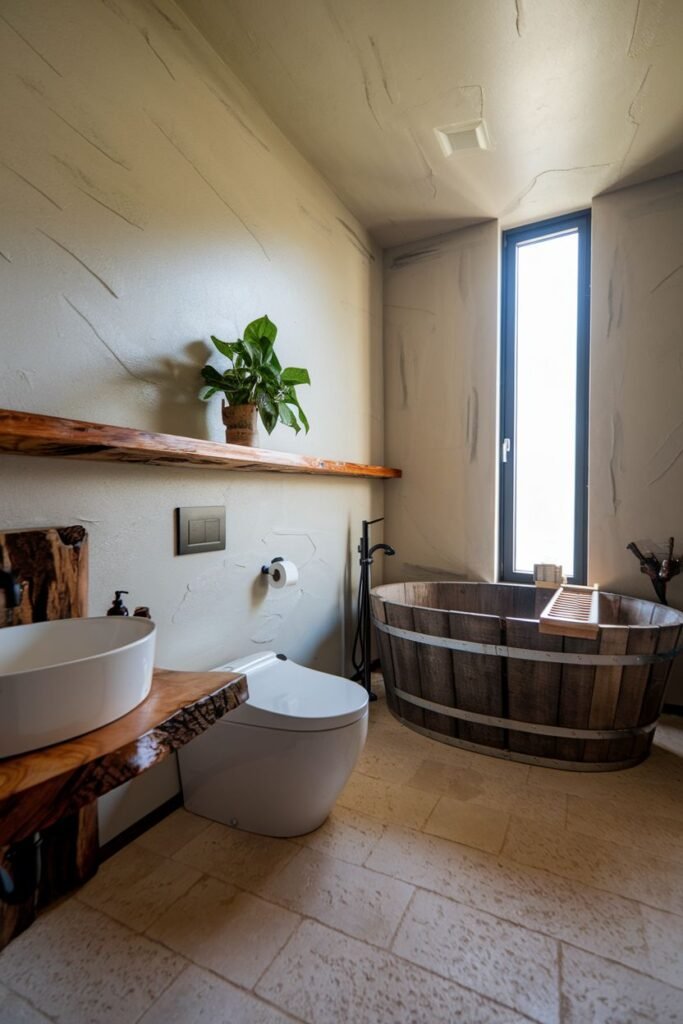 A bathroom with a dark wooden barrel-shaped bathtub with metal bands, a modern white sink, a modern white toilet, a wooden shelf, a tall narrow window, and tiled flooring.
