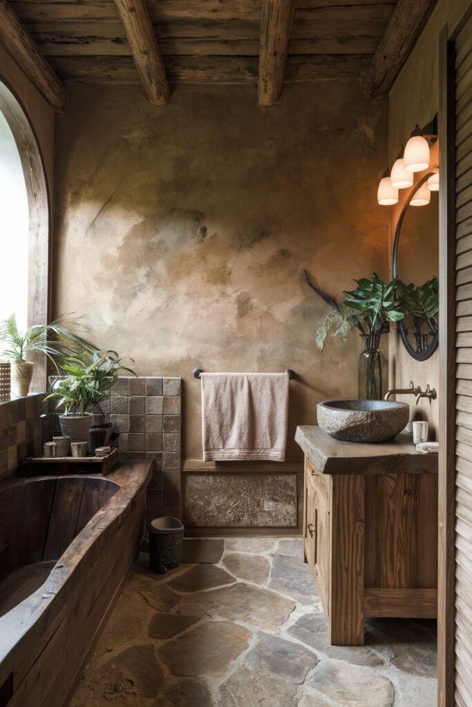 A bathroom with a wooden bathtub, a rustic wooden vanity with a stone basin sink, textured walls with varying colors, and a floor of large flagstones.