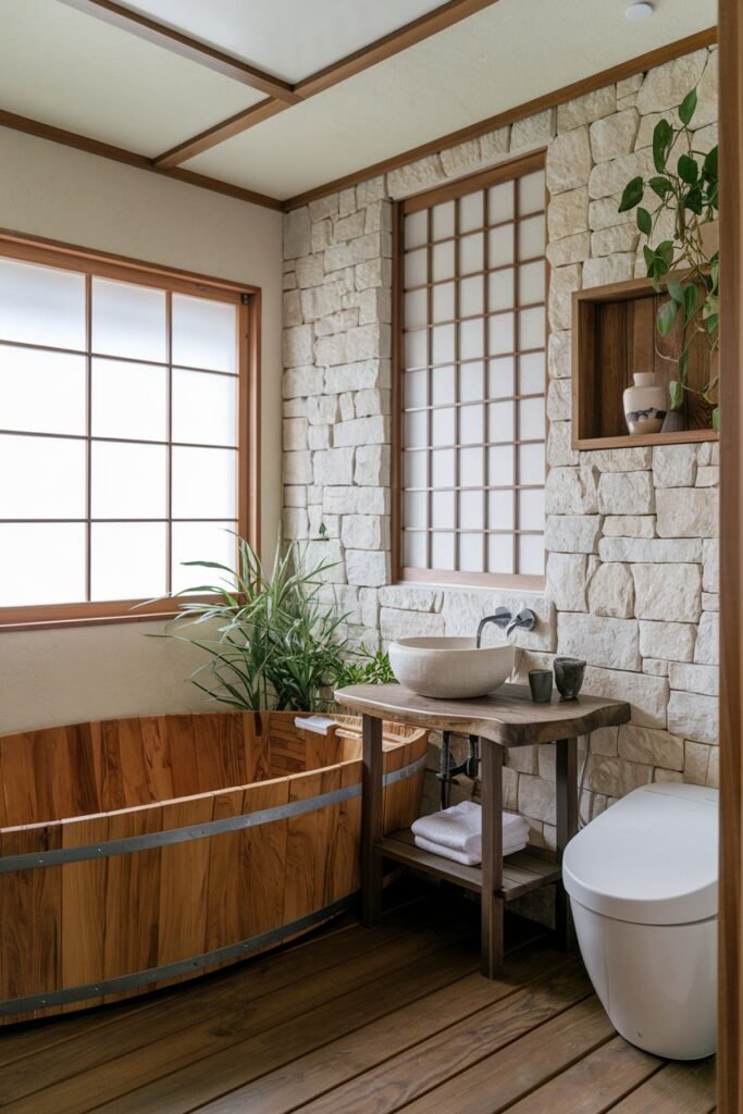 A bathroom with a light wooden barrel-shaped bathtub with metal bands, a round ceramic sink on a wooden stand, a white toilet, stone walls, wooden flooring, and Japanese-style shoji screen windows.
