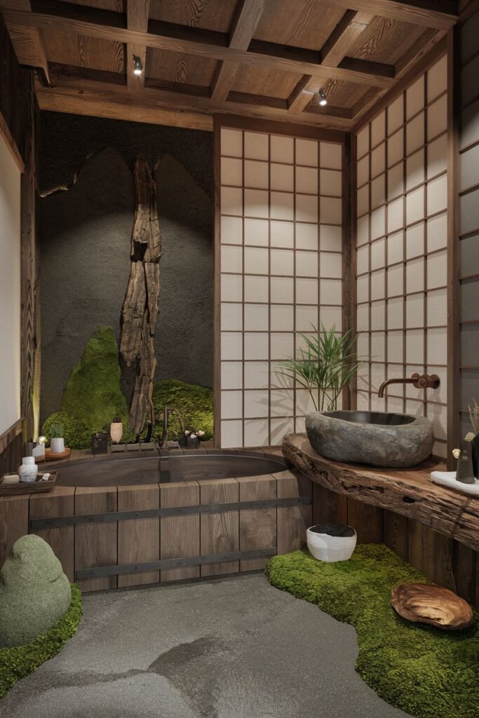 A bathroom with a dark wooden bathtub with metal bands, a dark stone basin sink on a live-edge wooden counter, Japanese-style shoji screens, mossy stones on the floor, and a large piece of driftwood.