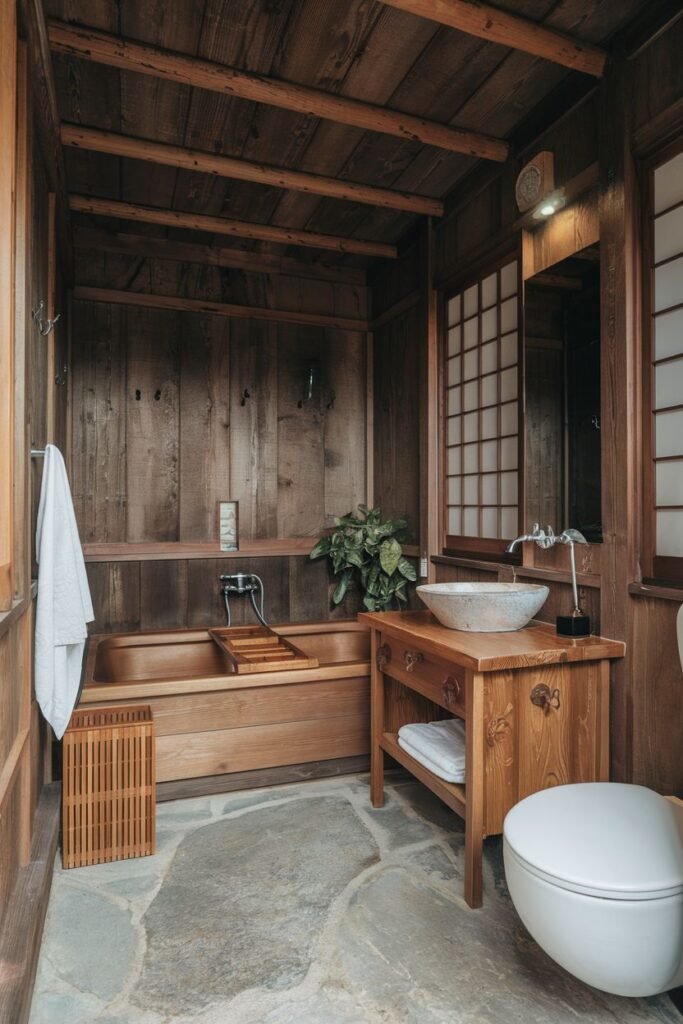 A bathroom with a light wooden bathtub with a slatted cover, a wooden vanity with a white basin sink, a white toilet, wooden walls and ceiling, wooden flooring, and stone sections on the floor.