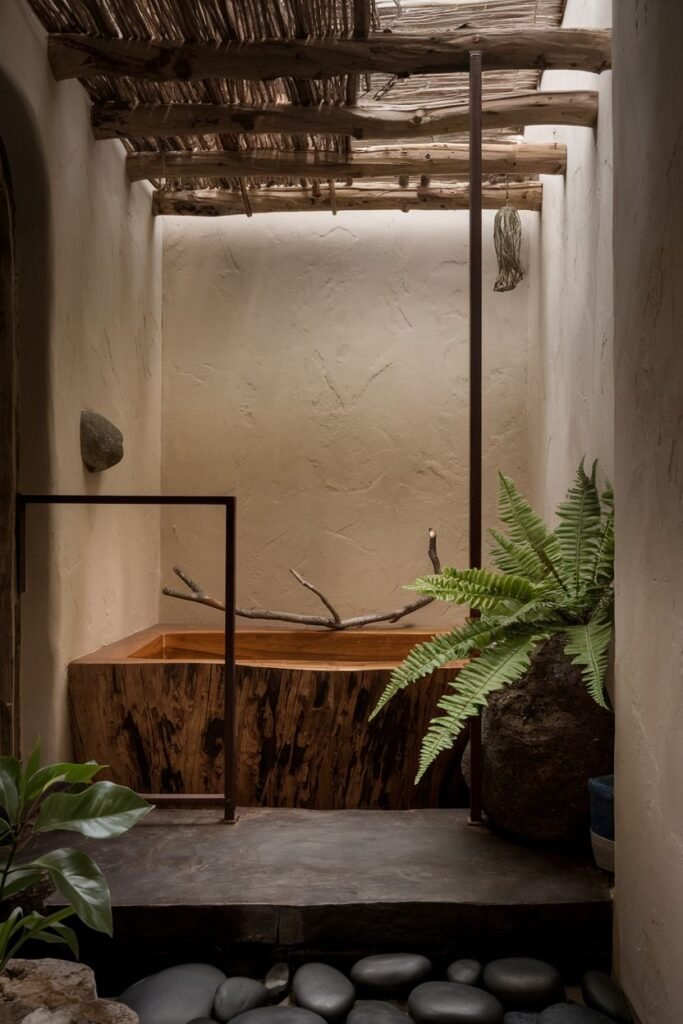 A bathroom with a deep wooden bathtub made from a tree trunk, large rocks and plants on the floor, rough textured walls, and exposed wooden beams on the ceiling.