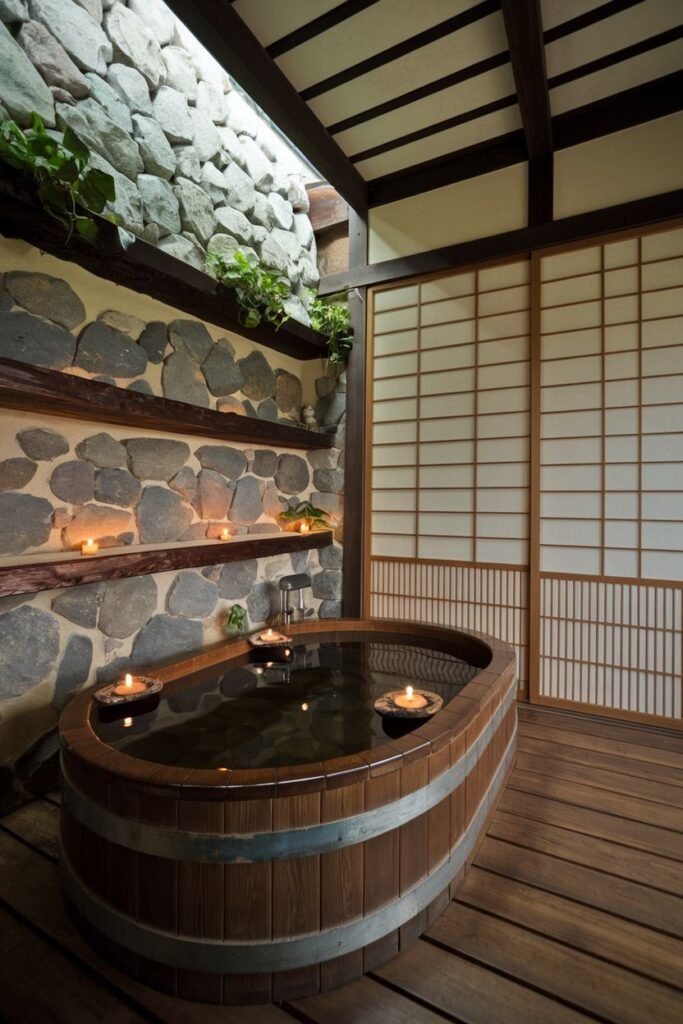 A bathroom with a barrel-shaped wooden bathtub filled with water and floating candles, a rock wall, wooden flooring, exposed wooden beams, and Japanese-style shoji screen doors.