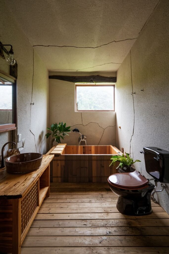 A narrow bathroom with a wooden bathtub, a wooden vanity with a copper basin sink, a black toilet with a wooden seat, wood flooring, and textured walls with cracks.