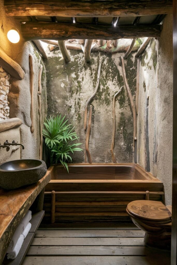 A bathroom with a wooden bathtub, a carved stone sink on a live-edge wooden counter, a wooden toilet seat, and rough walls with exposed roots or branches.