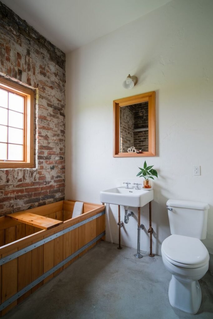 A bright bathroom with a wooden bathtub featuring metal bands, exposed brick on one wall, a white sink on metal legs, a white toilet, and a concrete floor.