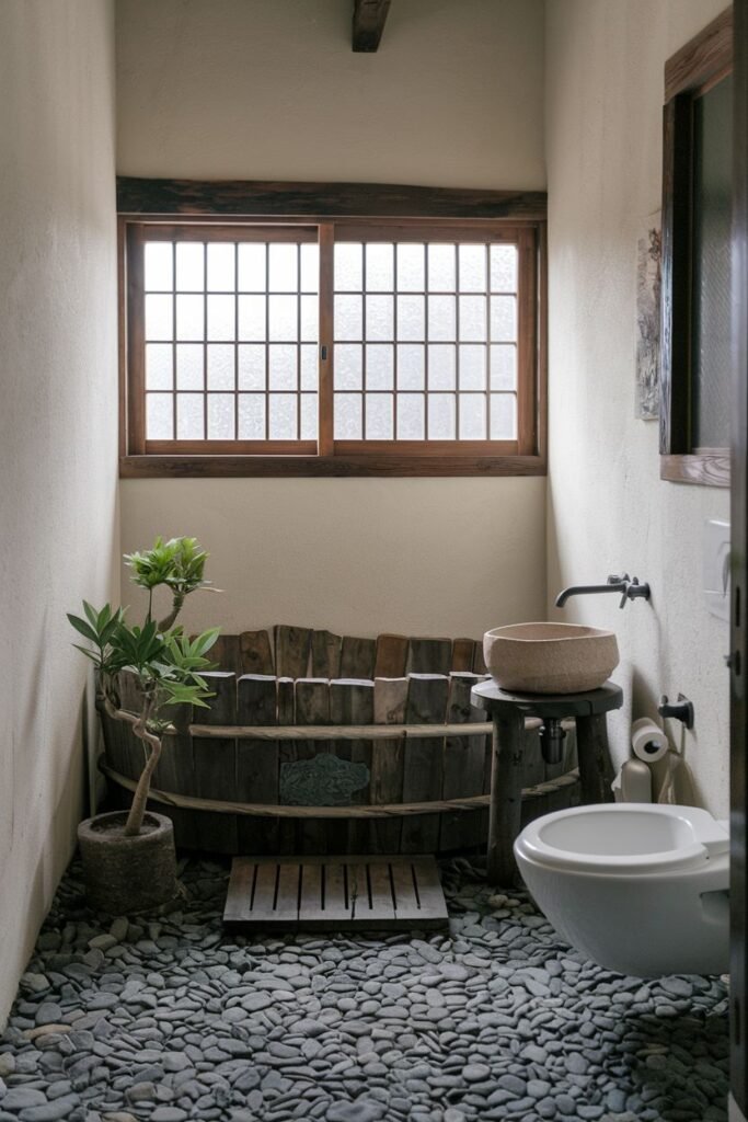 A compact bathroom with a round wooden bathtub made from a barrel, a stone basin sink on a wooden stand, a white toilet, a large grid-paned window, and a floor covered in smooth river stones.