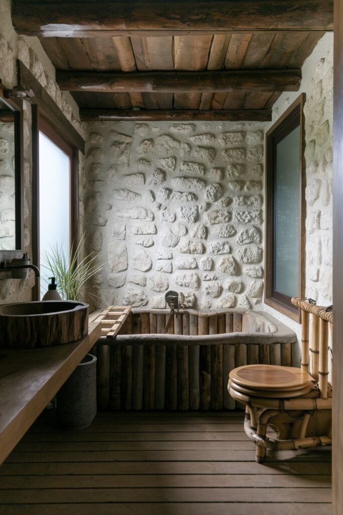 A spacious bathroom with a wooden bathtub made of vertical logs, a wooden vanity with a log-shaped sink, a bamboo toilet seat, stone walls, and wooden flooring.