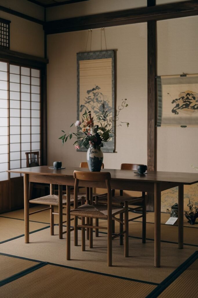 A natural and serene Wabi Sabi dining room featuring a simple wooden table and chairs with woven seats on tatami mats. Shoji screens line the wall, and a vase with flowers and branches sits on the table, contributing to the tranquil atmosphere.